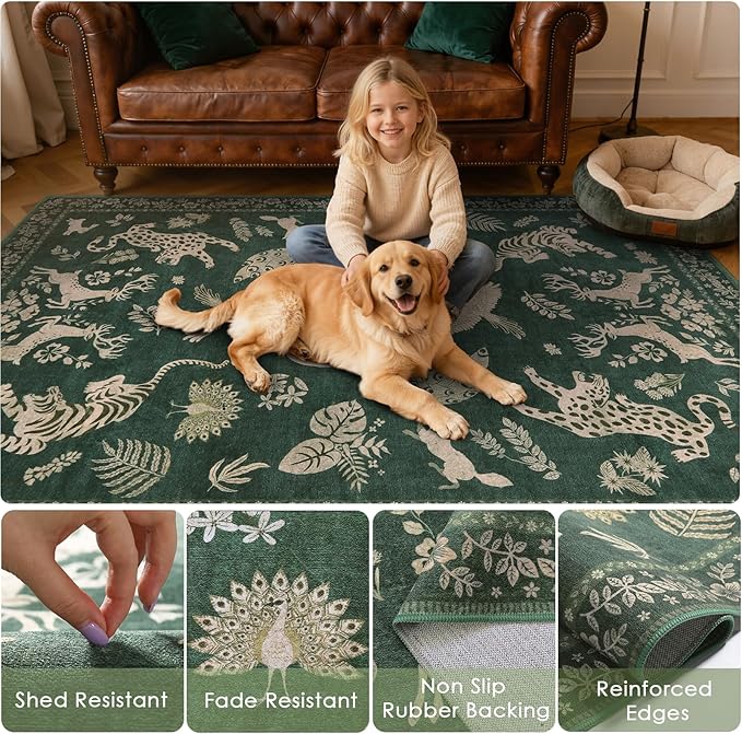 Moynesa Green 8x10 Area Rugs for Living Room, Washable Vintage Neutral Farmhouse Animal Area Rug for Bedroom Dining Room Office Study, Faux Wool Soft Non Slip Retro Carpets for Indoor