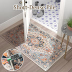 VK VK·LIVING Entryway Washable Rug 2'x3' Small Boho Bathroom Throw Area Rug Non Slip Doormat Indoor Front Door Machine Washable Carpet for Bathroom Kitchen Vintage (Blue Orange)