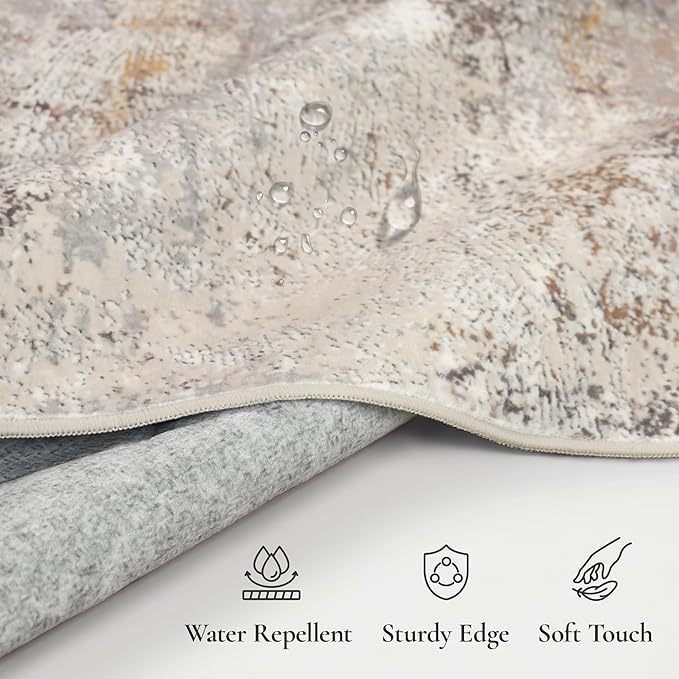 GENIMO Washable 6x9 Area Rugs for Living Room, Non Slip Modern Abstract Rug, Machine Washable Stain Resistant Low Pile Soft Carpet for Bedroom, Dining, Office, Light Grey Brown