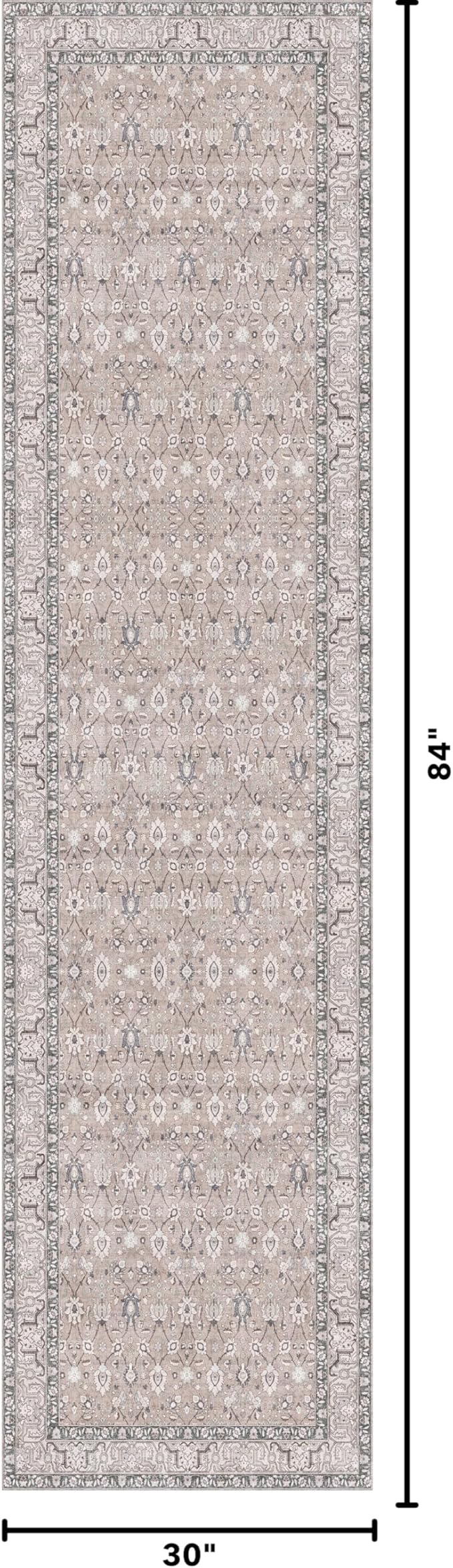 Kuden 2'6"x7' Runner Rug, Machine Washable Area Rug with Non-Slip Backing, Vintage Style, Soft, Easy Clean, Low Pile Rug for Hallway, Entryway, Kitchen, Bedroom