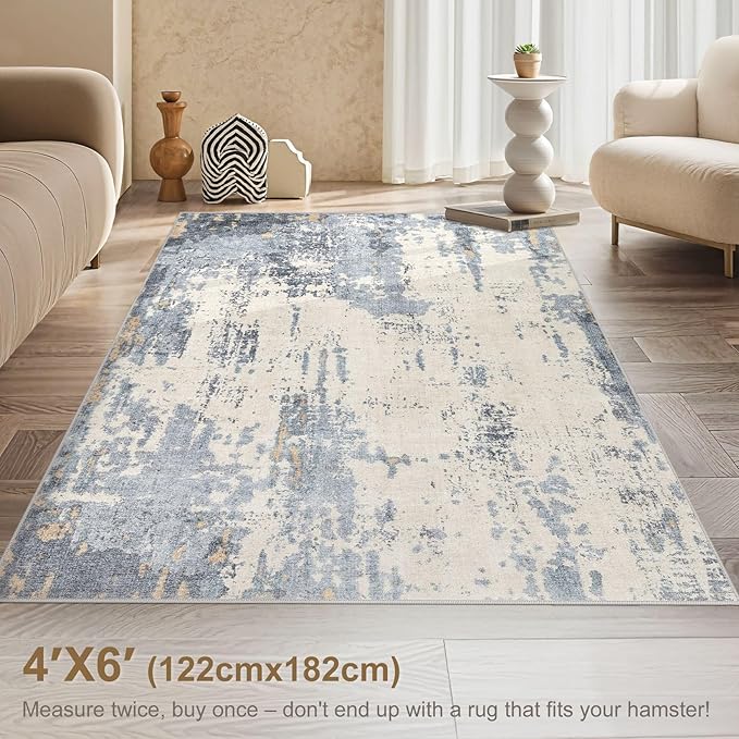 4x6 Area Rug Living Room Rugs - Washable Neutral Modern Abstract Soft Thin Rug Indoor Floor No Slip Rug Carpet for Bedroom Under Dining Table Home Office Decor - Blue/Light Brown