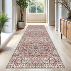 KOZYFLY Long Runners for Hallways 3x10 Ft Washable Kitchen Rug Faux Wool Printed Stair Runner Floor Carpet for Bedroom Entryway Stairs Kitchen Hall Indoor Use, Terracotta/Beige