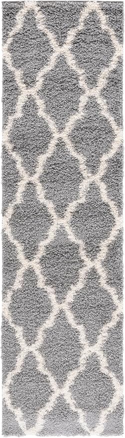 SAFAVIEH Dallas Shag Collection Runner Rug - 2'3" x 20', Grey & Ivory, Trellis Design, Non-Shedding & Easy Care, 1.5-inch Thick Ideal for High Traffic Areas in Living Room, Bedroom (SGD257G)