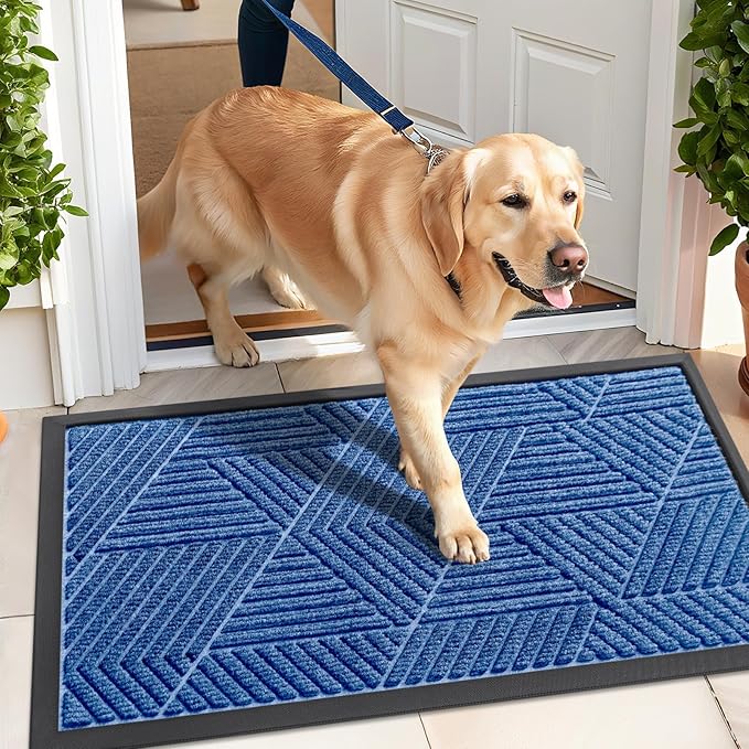 Kitinjoy Front Door Mat Outside Entrance, Sturdy Natural Dirt Trapper, Heavy Duty Rubber Doormat, Low Profile Non-Slip Backing, Easy Clean Floor Mat for Indoor Outdoor Entry, 35X23 Inch, Blue