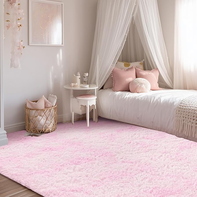 Andency Soft Area Rugs for Living Room Bedroom, 4x6 Fluffy Shaggy Bedside Rug, Non-Slip Large Shag Fuzzy Plush Carpets for Bedroom Kids Dorm Nursery Home Decor Aesthetic, Tie-Dyed White Pink