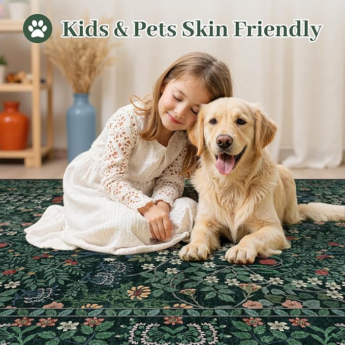 6x9 Area Rugs Living Room Rug - Floral Vintage Morris-Inspired Washable Carpet, Low Pile Non-Shedding Stain Resistance Boho Soft Carpet for Bedroom, Dining Room, Office, Farmhouse (6'x9' Dark Green)