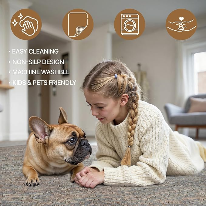 8x10 Area Rug Machine Washable Boho Rug for Living Room,Ultra-Thin Low Pile Carpet,Lightweight Indoor Printed Rug,Non Slip Floral Area Rug for Bedroom, Dining Room, Home Office,Grayish Blue