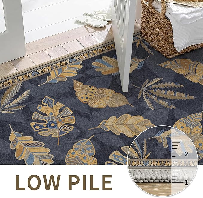 GENIMO 8x10 Area Rugs for Living Room, Machine Washable Non Slip Vintage Retro Rugs, Low Pile Soft Chenille Print Rug for Bedroom, Dining Room, Home Office, Leafy Twilight