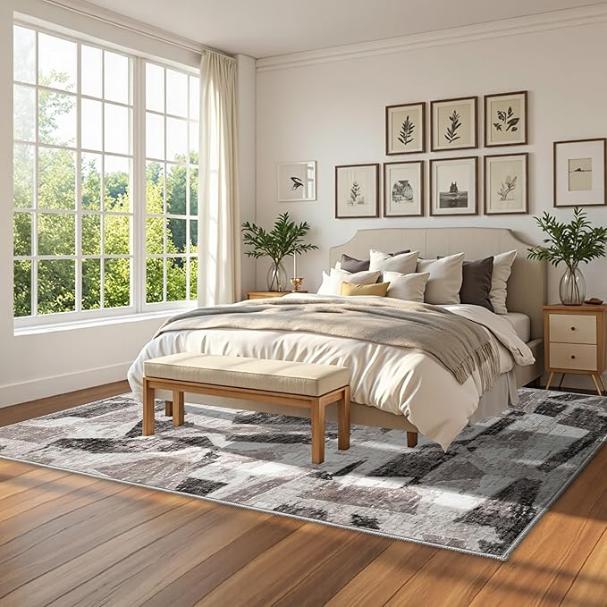5X7 Area Rugs for Living Room Bedroom,Modern Abstract Large Carpet Washable Rugs 5X7 for Dining Room Office,Non Slip Gray Print Faux Wool Thin 5 by 7 Indoor Nursery Kids Home Pet & Child Friendly