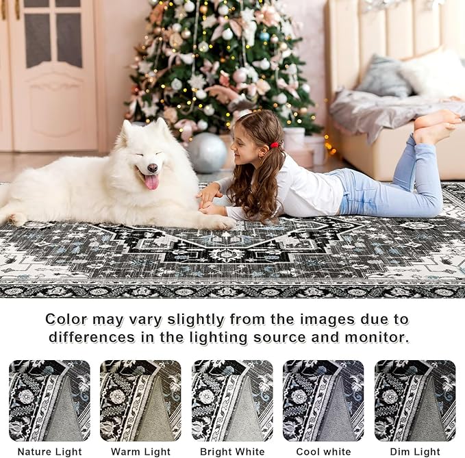 6x9 Black Grey Area Rug for Living Room, Machine Washable Rugs with Non-Slip Backing for Bedroom, Vintage Medallion Carpet Dining Room Office Kids Room Decor