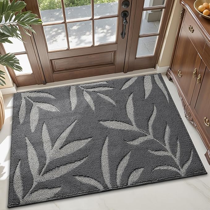 LUMI Indoor Door Mat 48x72, Washable Front Doormat with Welcome Leaf Pattern, Non-Slip Rubber Back Absorbent Mats for Entrance, Patio, Garage, Dark Grey