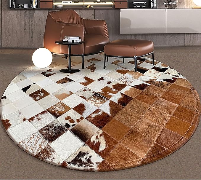 Handmade Pure Cowhide Round Leather Rug for Living Room Bedroom Rug (7X7)