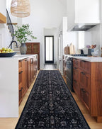 GLN Rugs Traditional Collection - Machine Washable Area Rug, Traditional Washable, Non Slip, Low Pile Chenille Rug, Living Room, Bedroom, Kitchen Rug (2'6" x 10' Black)