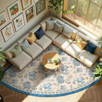 jinchan Elora Floral Corner Rug for Living Room Washable Bedroom Rug Vintage Romance Design Non Slip Quarter Circle Lightweight Low-Pile Throw Carpet for Reading Nook Playroom, 8ft Radius, Blue/Beige