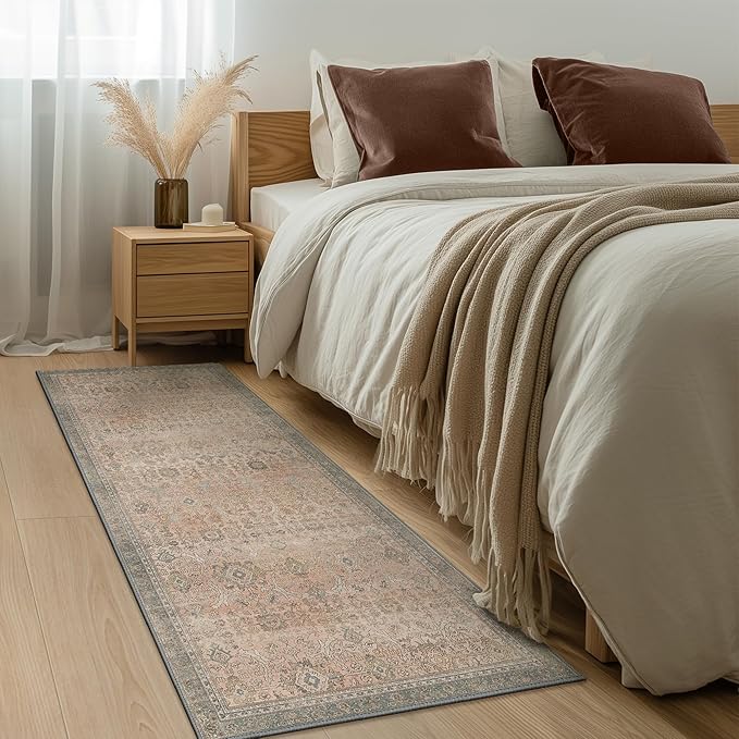 2x5 Runner Rug Machine Washable Boho Runners for Hallway,Ultra-Thin Low Pile Rug,Lightweight Indoor Carpet,Non Slip Floral Runners for Enrtyway, Corridor, Home Office, Kitchen,Light Beige