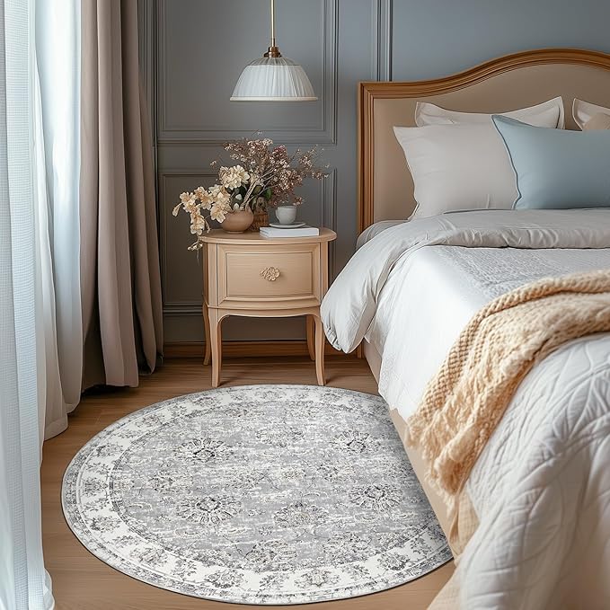 jinchan Fiora Round Rug 5ft Area Rugs Vintage Floral Distressed Design - Machine Washable Non-Slip Low-Pile Ultra-Thin Circle Rug for Entryway Bedside Living Room Dining Room Bedroom (5' Round, Grey)