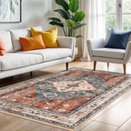 KOZYFLY Boho Area Rug 4x6 Ft Rugs for Entryway Washable Entry Rug Non Slip Rug for Living Room Rust/Orange/Blue Printed Faux Wool Vintage Bedroom Throw Rugs for Entrance Kitchen Living Room