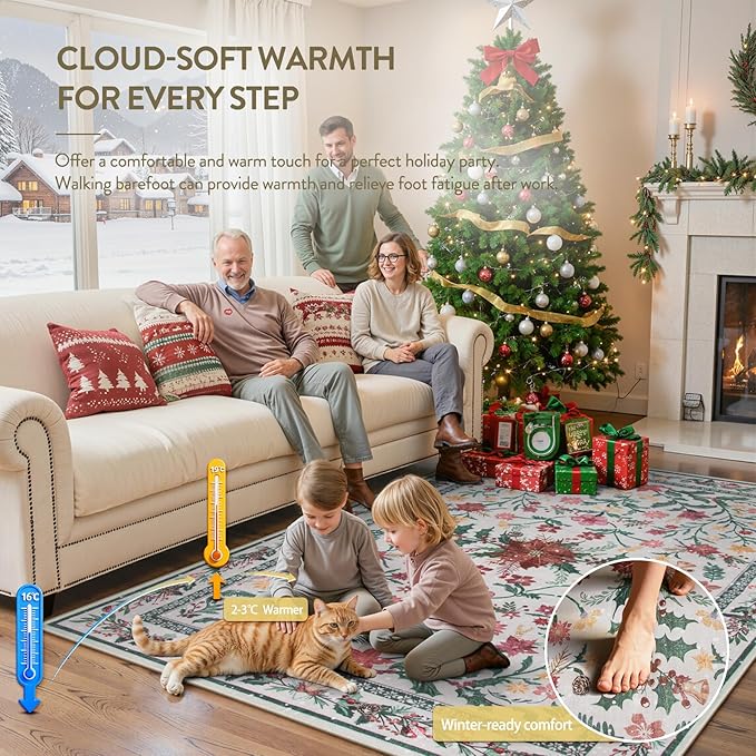 Lahome 5x7 Christmas Rug for Living Room, Boho Soft Rugs for Bedroom Decor Aesthetic, Washable Holly Berries Area Rug for Dining Room Fireplace Apartment Rustic Decor