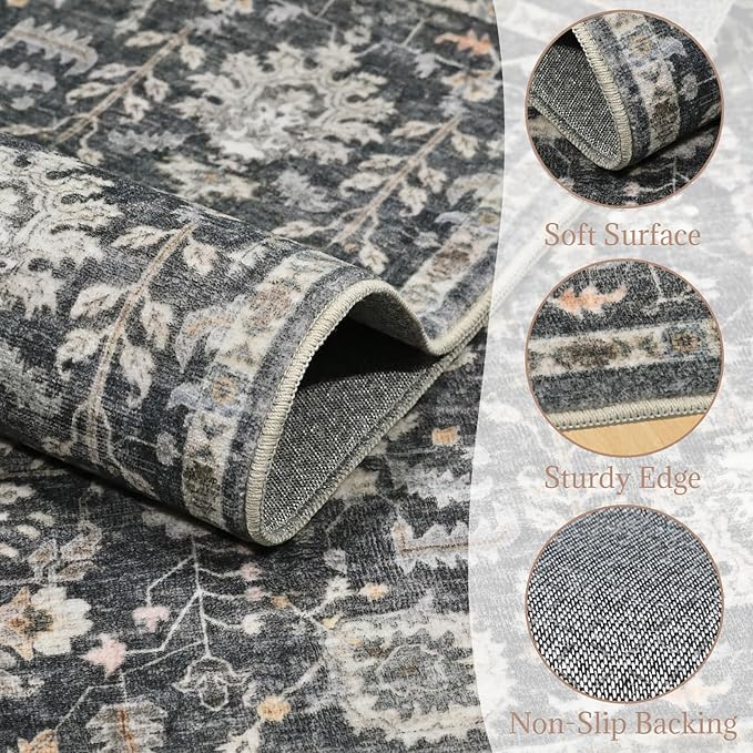 6x9 Washable Rug Vintage Fade Resistant Boho Distressed Non-Slip Indoor Large Carpet Low Pile Lightweight & High-Traffic Safe for Bedroom, Dorm, Playroom - Farmhouse Decor