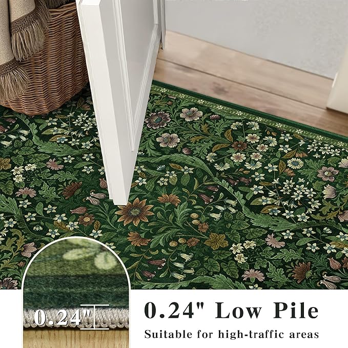 9x12 Dark Green Vintage Floral Area Rug,Washable Large Boho Living Room Rugs,Botanical Print Non-Slip Stain Resistant Lightweight Carpet for Bedroom Dining Room Nursery