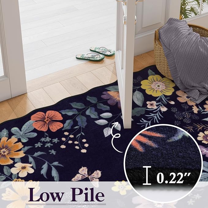 Lahome Floral Entryway Rug, 2X3 Washable Kitchen Rug Non-Slip, Ultra-Thin Soft Door Mat Indoor Entrance Stain Resistant Boho Small Low-Pile Throw Carpet for Bathroom Bedroom(2x3ft,Purple)