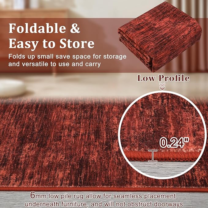 RUGSREAL Washable Rug 10x13 for Living Room Modern Abstract Area Rug Non-Slip Large Contemporary Bedroom Rug Stain Resistant Aesthetic Accent Floor Carpet Foldable Solid Rug for Home Office, Red