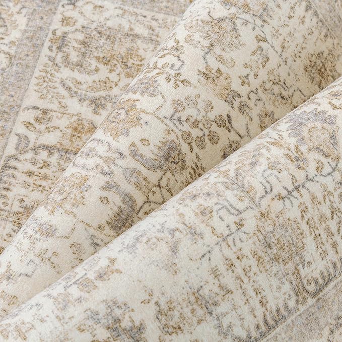Light Brown Runner Rug 2'6"x12' Washable Carpet for Hallway Kitchen Vintage Distressed Non Slip Indoor Retro Floral Bedroom Accent Throw Long Rug Bathroom Office Laundry Dining Living Room