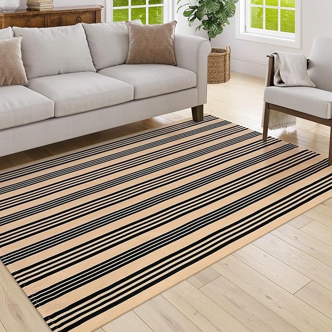 Black and Khaki Striped Rug 5'x7', Washable Outdoor Rugs Cotton Hand Woven Front Porch Rugs, Reversible Patio Rug Foldable Large Throw Rugs for Living Room Home Entrance