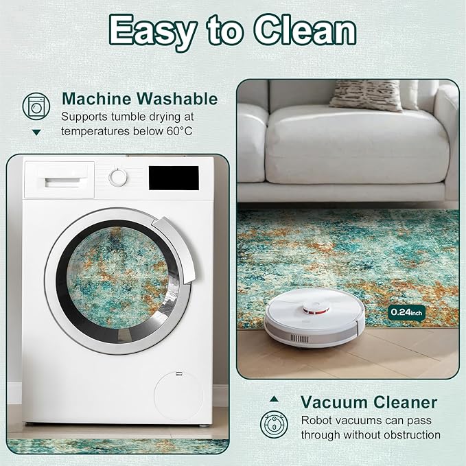 Washable Area Rugs for Living Room 9x12 - Large Neutral Modern Abstract Rug, Soft Low Pile Carpet with Non Slip Backing for Under Dining Room Table, Bedroom, Home, Office, Dorm - Teal Brick