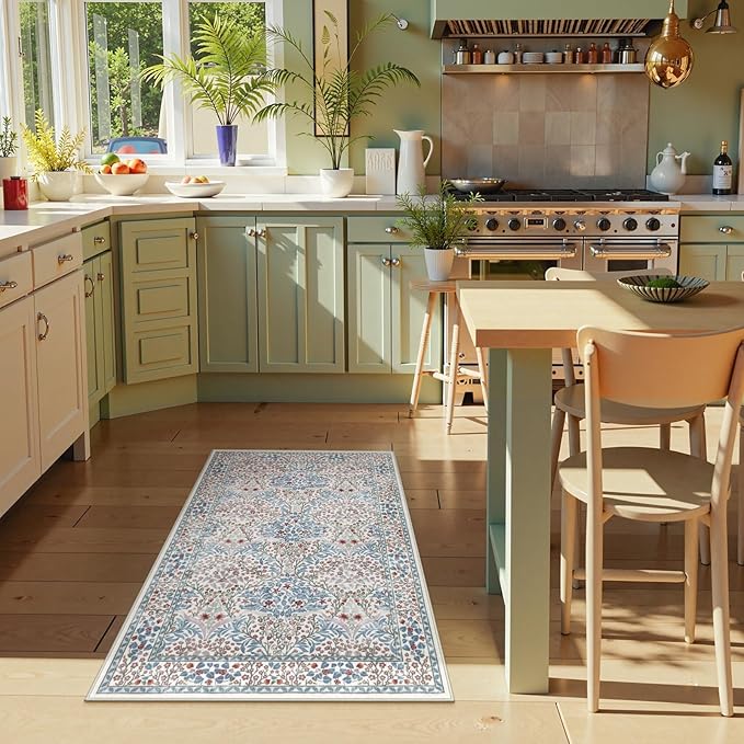Lahome Floral Washable Rugs for Entryway, 2x3 Kitchen Rugs Non Slip Boho Soft Door Mat Indoor Entrance, Ultra-Thin Easy Clean Forest Design Small Throw Carpet for Bedroom Bathroom, Beige/Blue