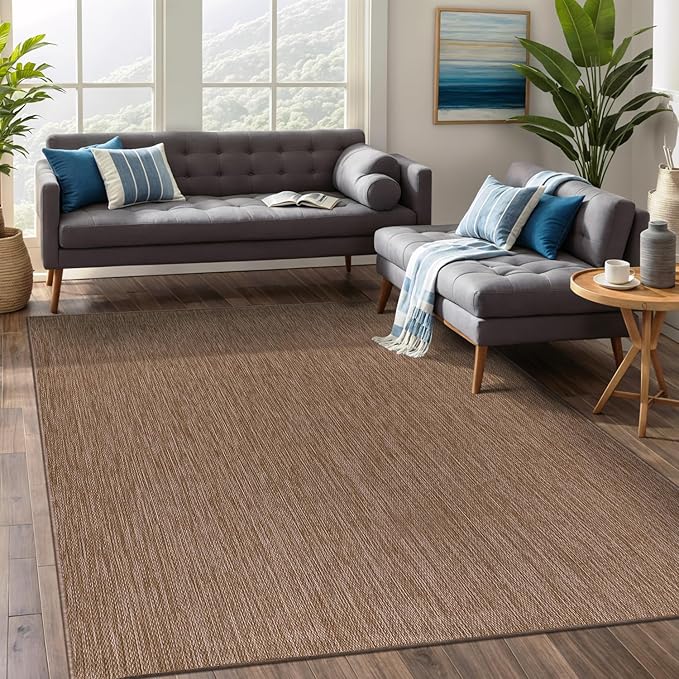 Beverly Rug Indoor Outdoor Rug 5x7, Washable Outside Carpet for Patio, Deck, Porch, Solid Modern Area Rug, Water Resistant, Jute Beige