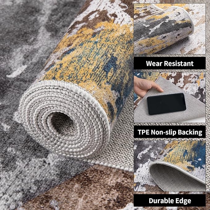 Ciicool Modern Abstract Rug for Living Room, 5x7 Machine Washable Area Rug Non-Slip Rug, Low-Pile Contemporary Indoor Dining Floor Carpet for Bedroom Office Under Table Home Decor Grey Blue Swirl