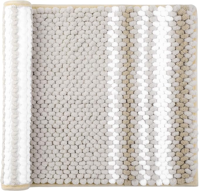 PiccoCasa Chenille Bathroom Rug, Soft Fluffy Absorbent Bath Mat, Medium Pile Striped Carpet Washable Non Slip Bathroom Floor Mats(17"x24",Khaki & White)