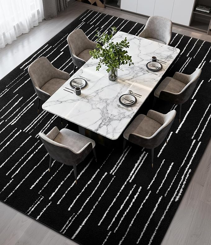 YIHOUSE 5x7 Abstract Line Area Rug, Modern Washable Stain Resistant Rugs Non Slip, Soft Indoor Floor Carpet for Living Room, Bedroom,Dining Room, Black and White