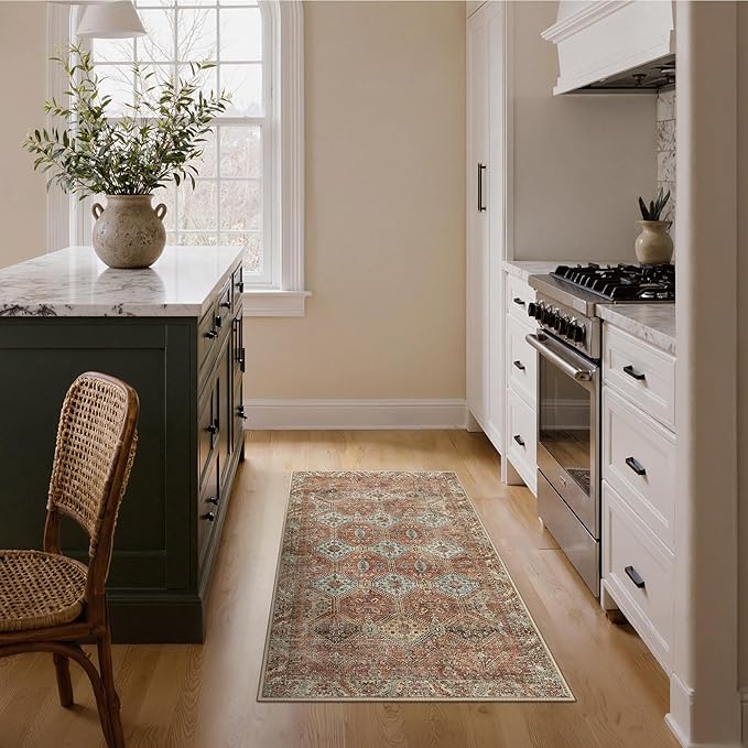 Bavni 3x5 Area Rugs for Living Room, Machine Washable Rug Non Slip, Vintage Chenille Distressed Print Carpet, Large Low Pile Ultra-Thin Lightweight Rugs for Bedroom, Dining Room, Office, Spice Sky
