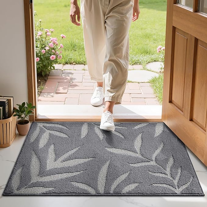 LUMI Indoor Door Mat 32x48, Washable Front Doormat with Welcome Leaf Pattern, Non-Slip Rubber Back Absorbent Mats for Entrance, Patio, Garage, Light Grey