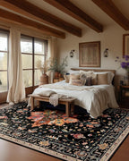 Area Rugs Square 8ft Washable Non-Slip, Floral Vintage Distress Print Pattern Medallion Carpet for Living Room Bedroom Dining Room, Black Colorful Floral Dark Tan