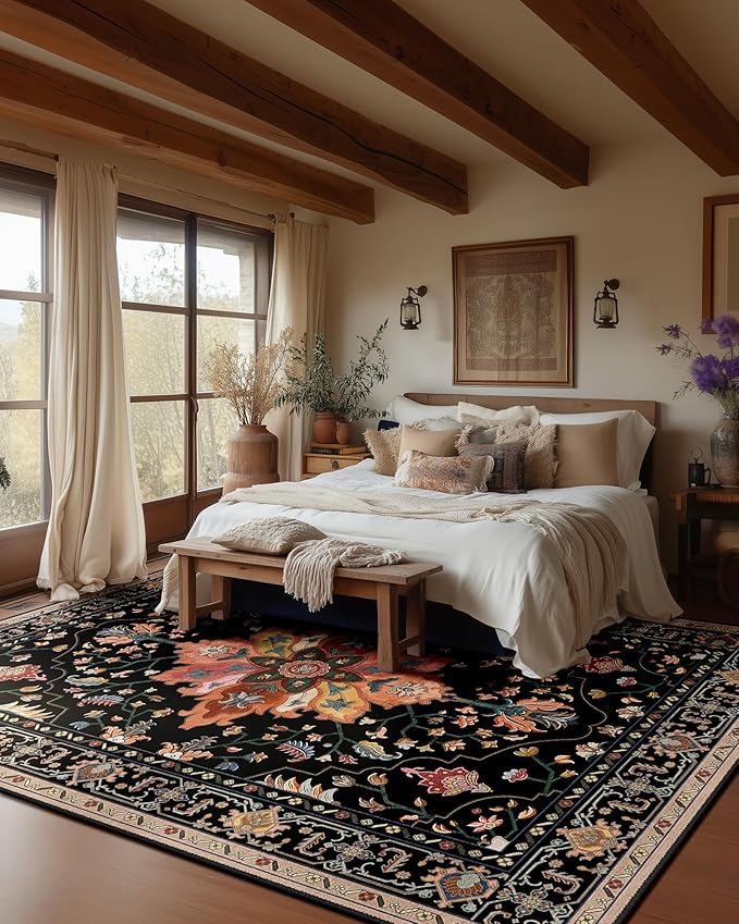 Area Rugs Square 8ft Washable Non-Slip, Floral Vintage Distress Print Pattern Medallion Carpet for Living Room Bedroom Dining Room, Black Colorful Floral Dark Tan