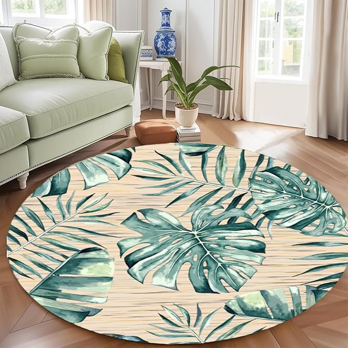 Tropical Leaf Round Area Rug 3.3ft - Green Beige Watercolor Design Indoor Carpet, Soft Non-Slip Floor Mat for Living Room Bedroom Office, Easy Clean Modern Decor