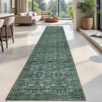 Runner Rug 2.6x18, Dark Green Washable Long Hallway Rug Runner Non-Slip Soft Kitchen Runner Thin Printed Faux Wool Super Soft Carpet for Entryway Bedroom Laundry Room Indoor Home Decor