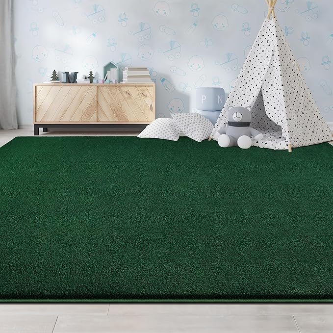 Large Area Rugs for Living Room Bedroom, 6x9 Feet Dark Green Rug, Minimalist Modern Shag Rug, Soft Thick Memory Foam Indoor Carpet, Non-Slip Washable Rug for Boys Girls Dorm Nursery Room Home Decor