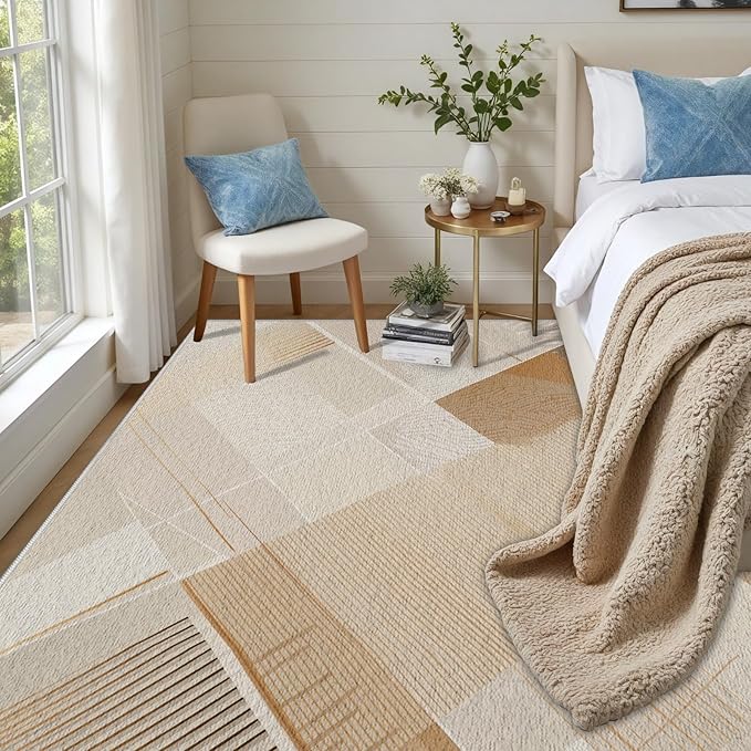 Minimalist Abstract Area Rug 5x6 Brown Boho, Modern Washable Stripe Art Rugs, Soft Non-Slip Low-Pile Carpet for Living Room, Bedroom, Kitchen, Dining Room, Pet Friendly, Non-Shedding, Beige