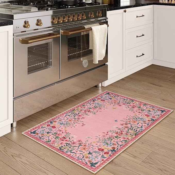 Lahome Boho Floral 2x3 Small Pink Rugs for Bedroom Washable Bathroom Rugs,Boho Floral Door Mat Indoor Entrance,Soft Non-Slip Indoor Carpet Throw Rug for Bedside Entryway Laundry(Pink,2x3)