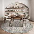 Tangsoo Vintage Round Rug 4ft Washable Circle Rug, Non Slip Small Boho Round Rug, Low Pile Circular Rugs, Round Carpet for Bedroom,Entryway,Nursery,Dorm,Kitchen,Grey