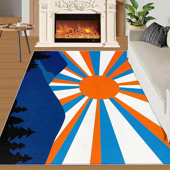 Boho Sun Area Rugs 8x10ft, Abstraction Deco Area Rug for Living Room, Minimalist Sunburst Modern Rug with Double Sided Carpet Tape for Bedroom Men Room Decor