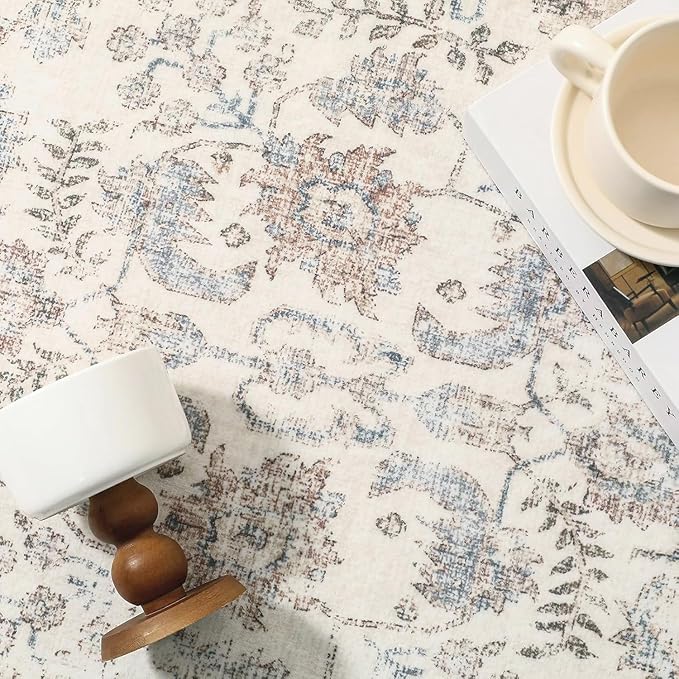 Taupe Runner Rug 2'6"x8' Washable Carpet for Hallway Kitchen Vintage Distressed Non Slip Indoor Retro Floral Bedroom Accent Throw Long Rug Bathroom Office Laundry Dining Living Room