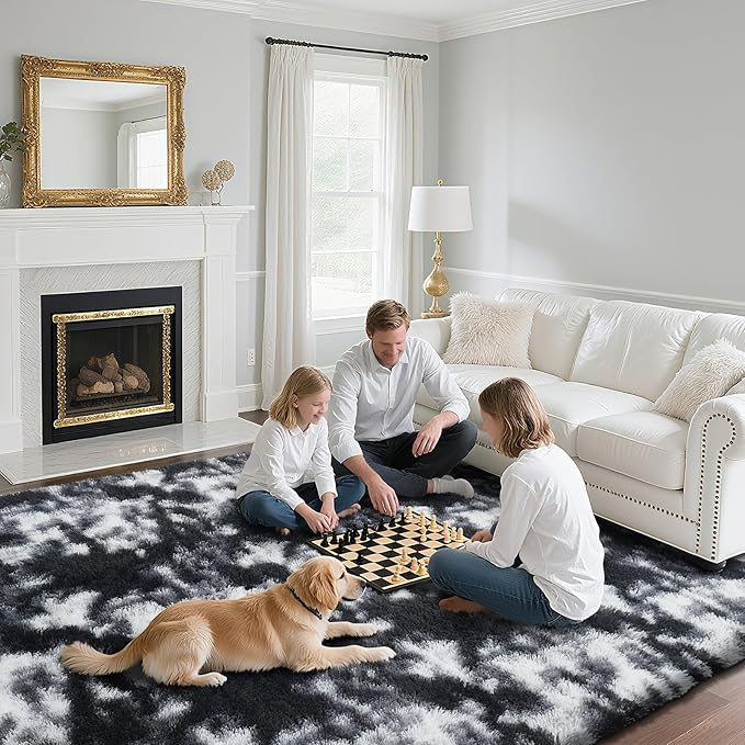 Fluffy Rug Shaggy Area Rug, Mottling Black 4x6 Area Rugs for Bedroom, Small Bedside Rug, Soft Fluffy Shaggy Entryway Throw Rugs for Living Room Bedroom Kids Room Home Decor