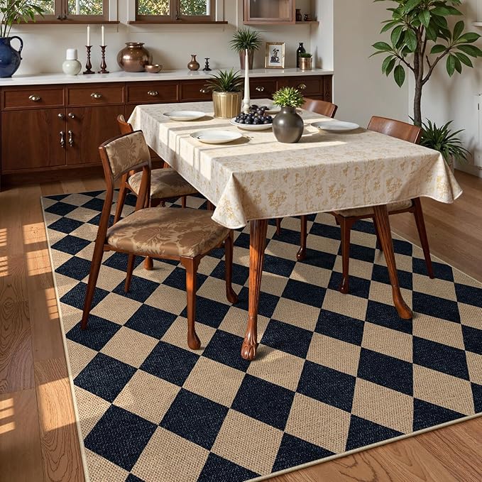Lahome Checkered Easy Jute Patio Rug, 6x9 Washable Indoor Outdoor Rug, Farmhouse Neutral Non Slip Non Shedding Low Pile Floor Carpet for Deck Living Dining Room Office Mudroom