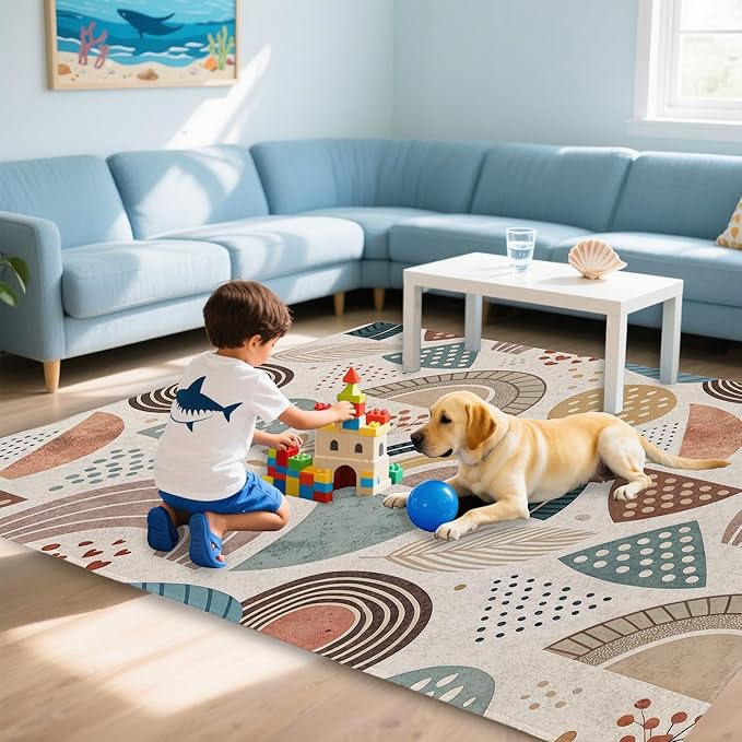 Bohemian Rainbow Washable 3x5 Area Rugs for Living Room, Thin Low Pile Contemporary Carpet, Non-Slip Base Lightweight Rug