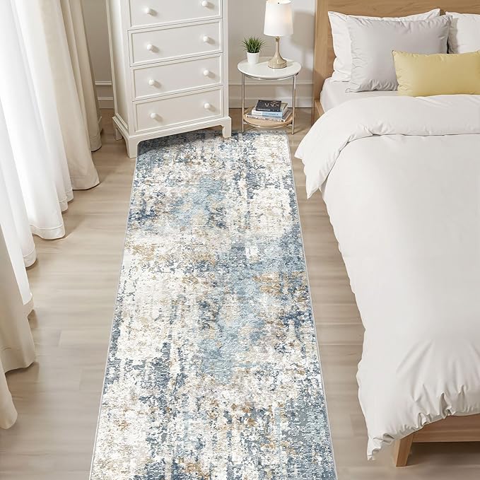 Runner Rug Non Slip Rugs: 2x6 Hallway Kitchen Washable Abstract Soft Modern Stain Resistant Indoor Floor Neutral Accent Throw Carpet for Bathroom Laundry Room Entryway Bedroom- Blue